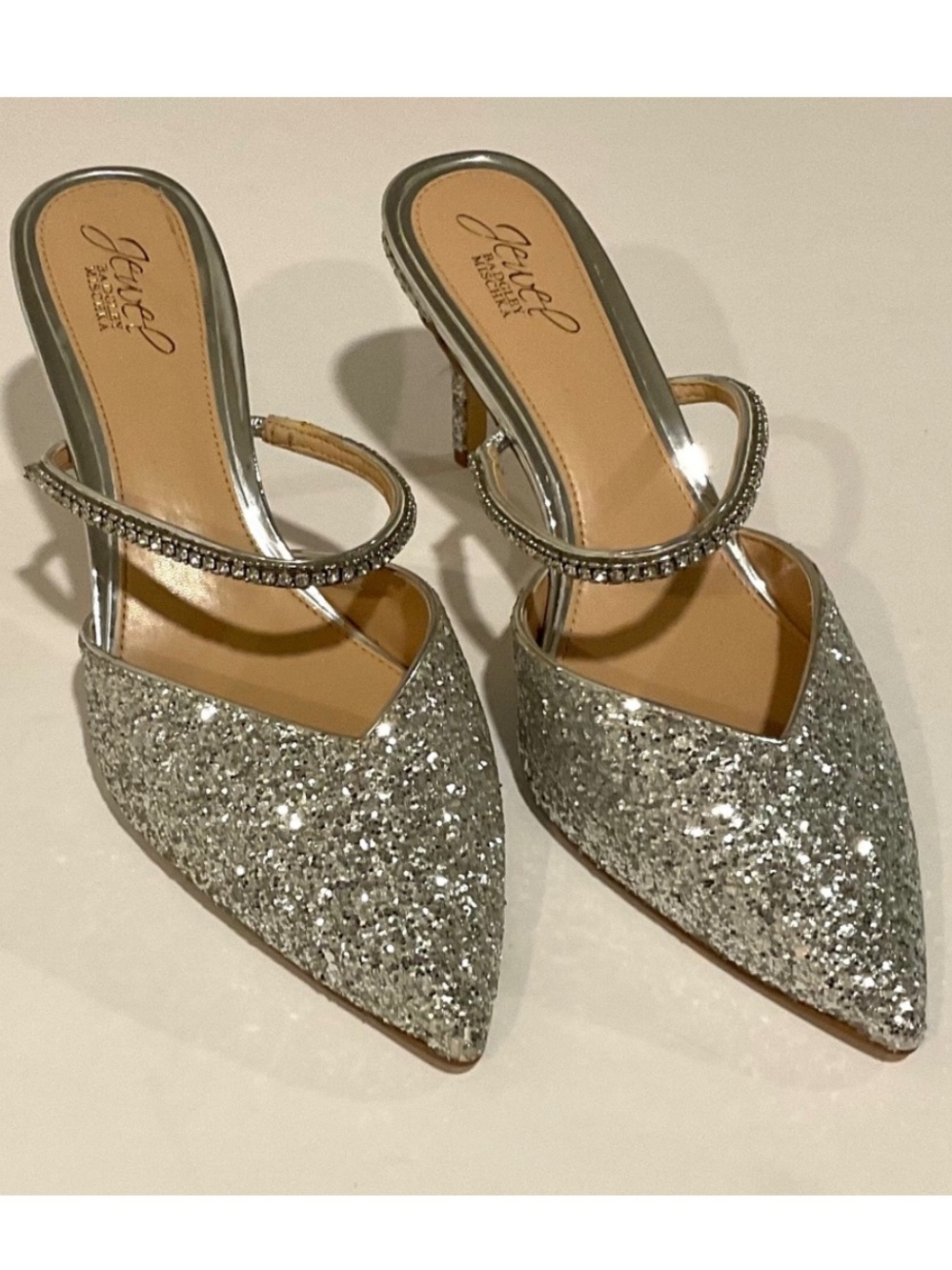 JEWEL BADGLEY MISCHKA Jan Strappy Silver Glitter Stiletto Size 9.5 NWOT